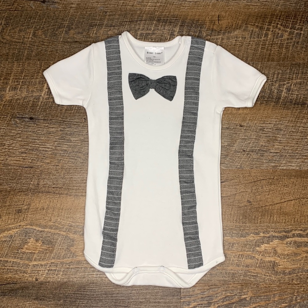 Hobby Lobby 0-6 Bowtie and Suspenders One-Piece